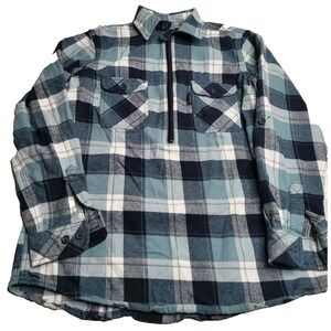 Five Brother Women's 1/4 Zip Blue Plaid Flannel‎ Large 100% Cotton